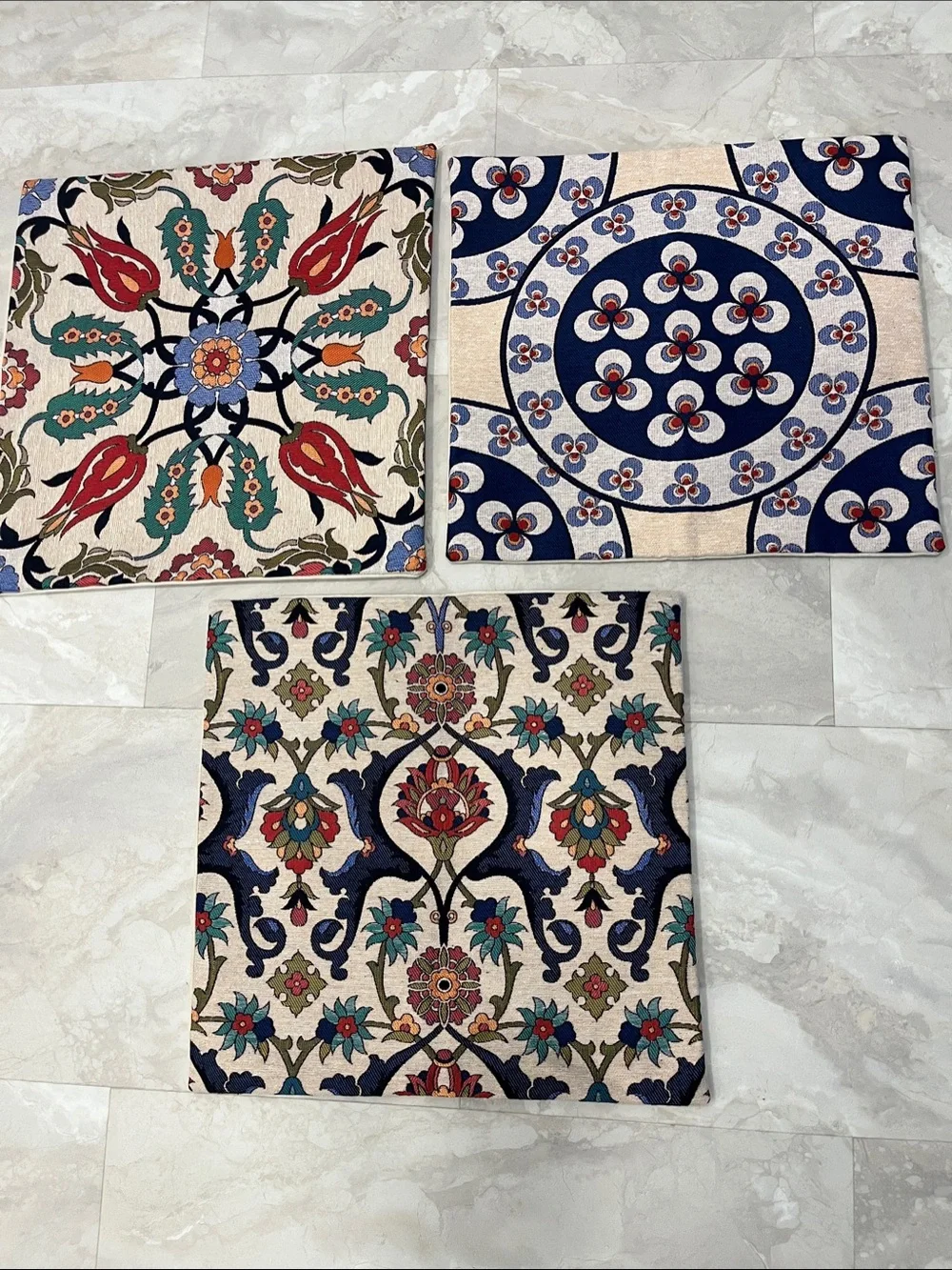 Boho Pillow Cover set of 3 New Turkish Ottoman Mosaic Blue & Red Floral